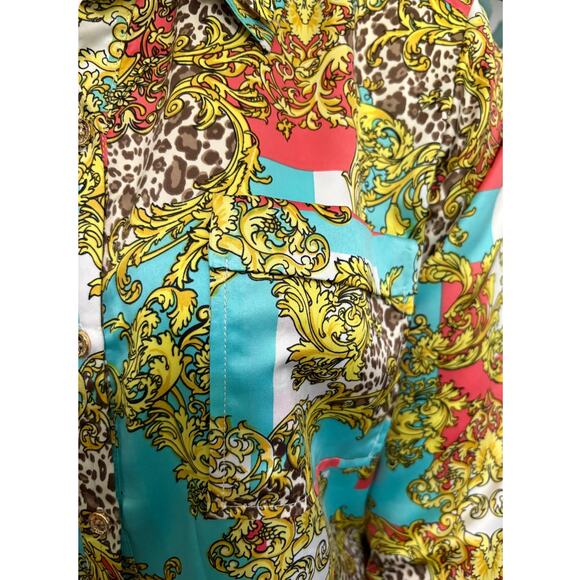 DEMOCRACY Button Front Blouse-Top-Graphic Print-Silky-Cheetah-Long Sleeve-Size L - Picture 2 of 8